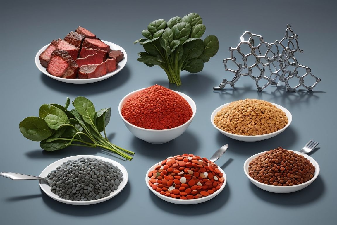 Fuentes Naturales del Hierro y su Importancia en la Salud Imagen ilustrativa de alimentos ricos en hierro como carne roja, espinacas y lentejas, junto con la representación simbólica del elemento 'Fe'.