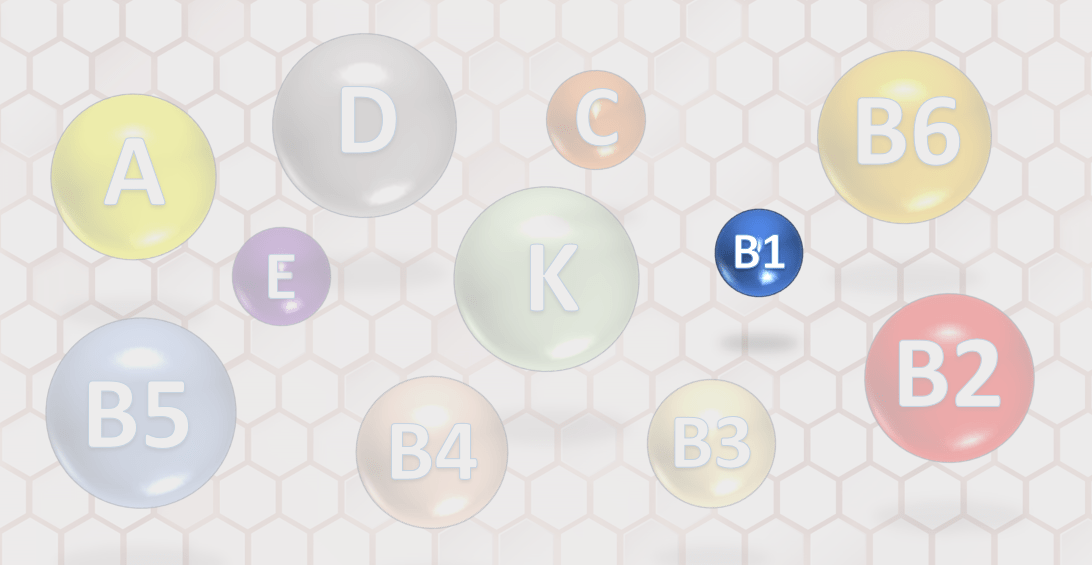 El Poder Nutricional de la Vitamina B1 Círculos representando diferentes vitaminas con un círculo azul prominente destacando la vitamina B1
