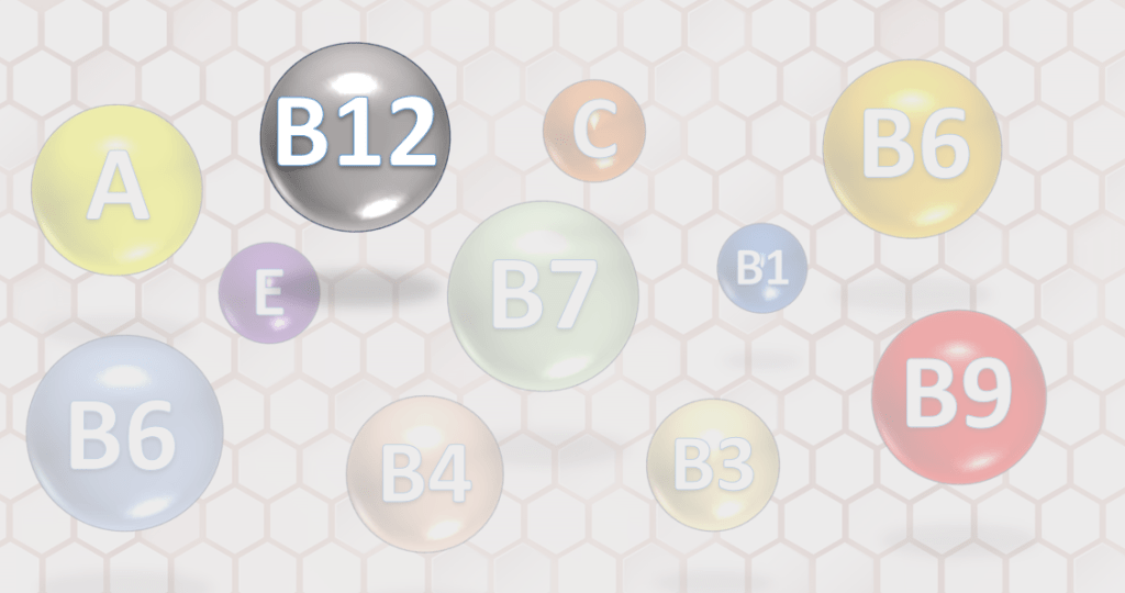 Círculos representando diferentes vitaminas con un círculo gris prominente destacando la vitamina B12