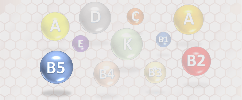 Círculos representando diferentes vitaminas con un círculo azul prominente destacando la vitamina B5