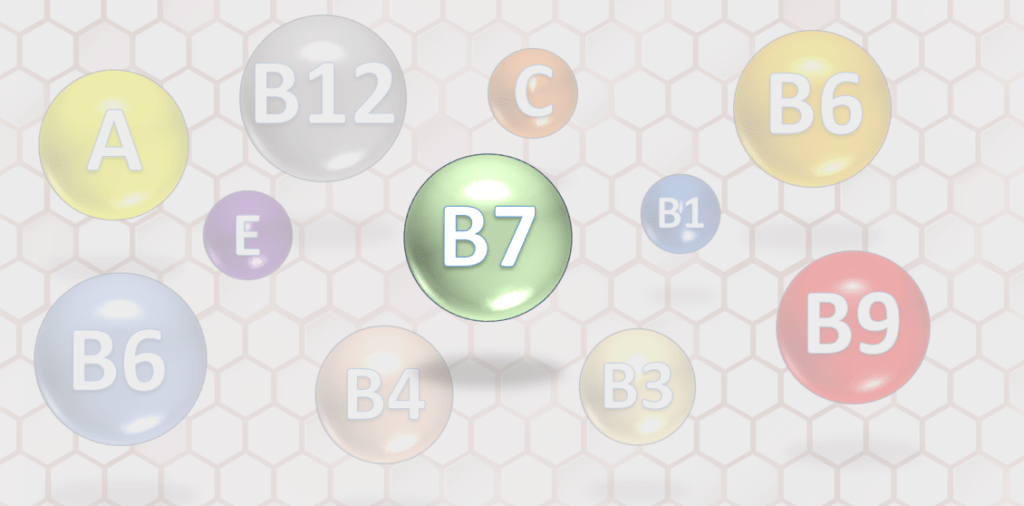 Círculos representando diferentes vitaminas con un círculo verde prominente destacando la vitamina B7
