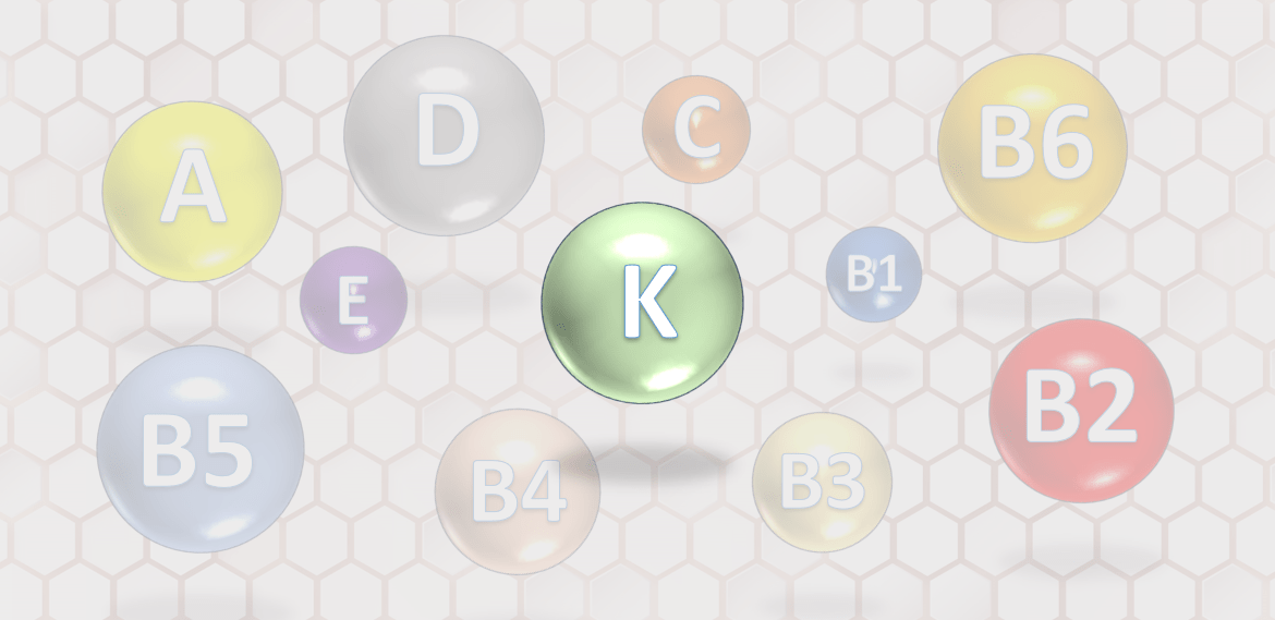 Círculos representando diferentes vitaminas con un círculo verde prominente destacando la vitamina K