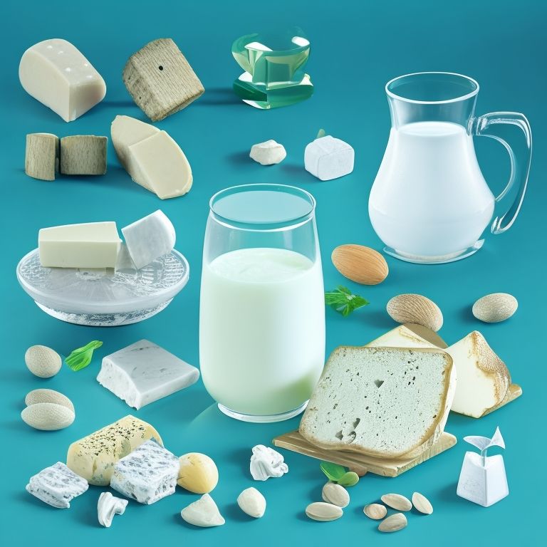 Ilustración destacando fuentes principales de calcio como leche, queso, brócoli y almendras, junto a una representación luminosa de huesos fuertes.