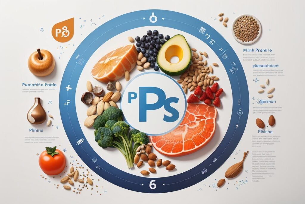 Icono del elemento químico fósforo rodeado de alimentos ricos en este nutriente esencial, como pescado, nueces y productos lácteos, ilustrando sus fuentes dietéticas comunes.