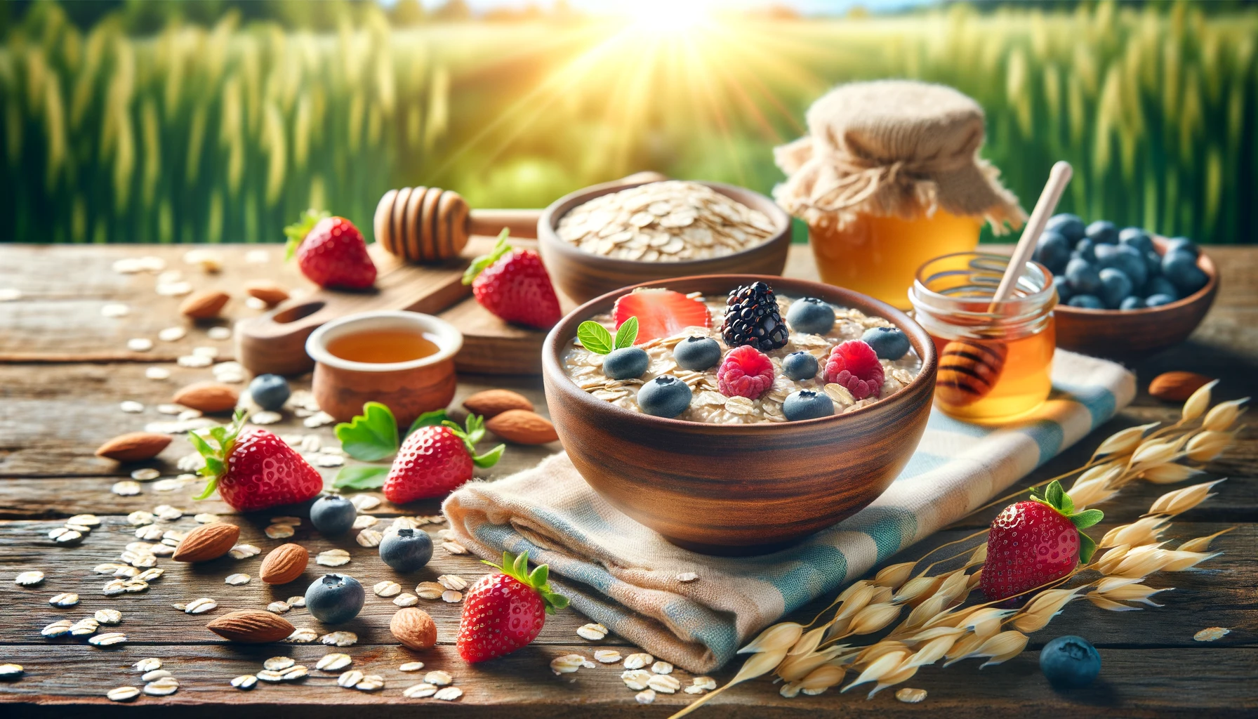 Los Secretos de la Longevidad: Descubre los Beneficios de la Avena Bol de avena con frutas frescas en mesa de madera, rodeado de ingredientes saludables, fondo desenfocado de jardín soleado