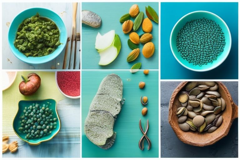 Ilustración destacando los beneficios del zinc para la salud antiaging, con alimentos ricos en zinc y símbolos de vitalidad.