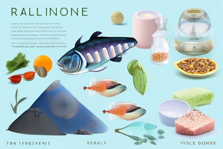 Ilustración de alimentos ricos en yodo como algas marinas, pescado y sal yodada, con un diseño de glándula tiroides en el fondo.