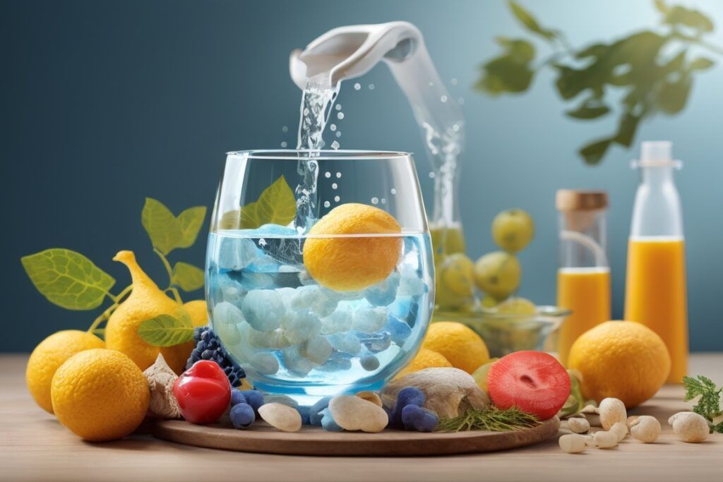 Ilustración detallada mostrando fuentes alimenticias ricas en cloro, estructura molecular y símbolo del elemento, destacando su importancia en la nutrición y longevidad.