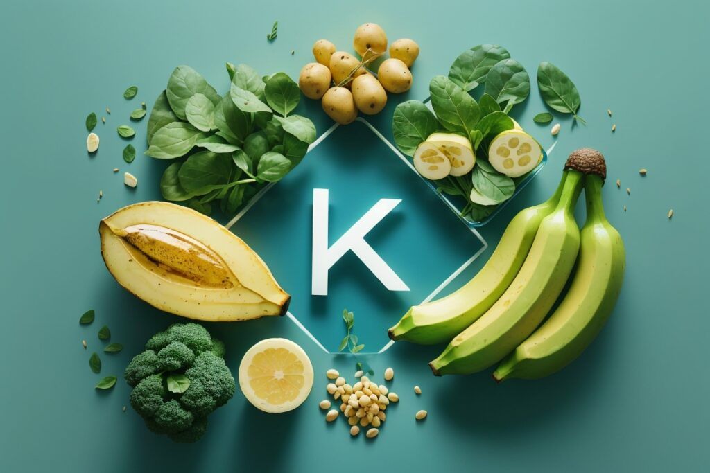 Ilustración que muestra la estructura molecular del potasio (K) rodeada de alimentos ricos en potasio como el plátano, espinaca, patata, aguacate y salmón, junto con símbolos de longevidad, beneficios cardiovasculares e hidratación.
