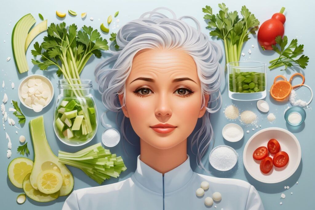 "Ilustración que muestra alimentos ricos en sodio, una balanza indicando equilibrio, y símbolos de beneficios para la salud y longevidad.