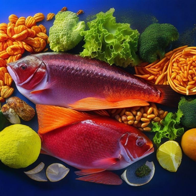 Imagen del símbolo químico 'F' representando el fluor rodeado de alimentos ricos en fluor: pescado, lechuga, arroz y nueces.