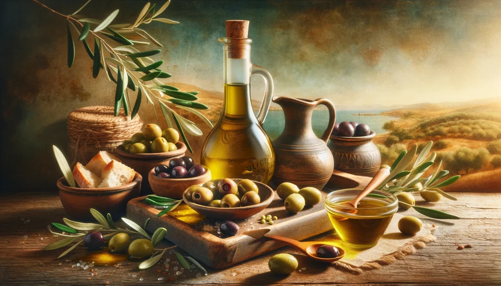 Botella de aceite de oliva de alta calidad en un entorno rústico con olivas y paisaje mediterráneo