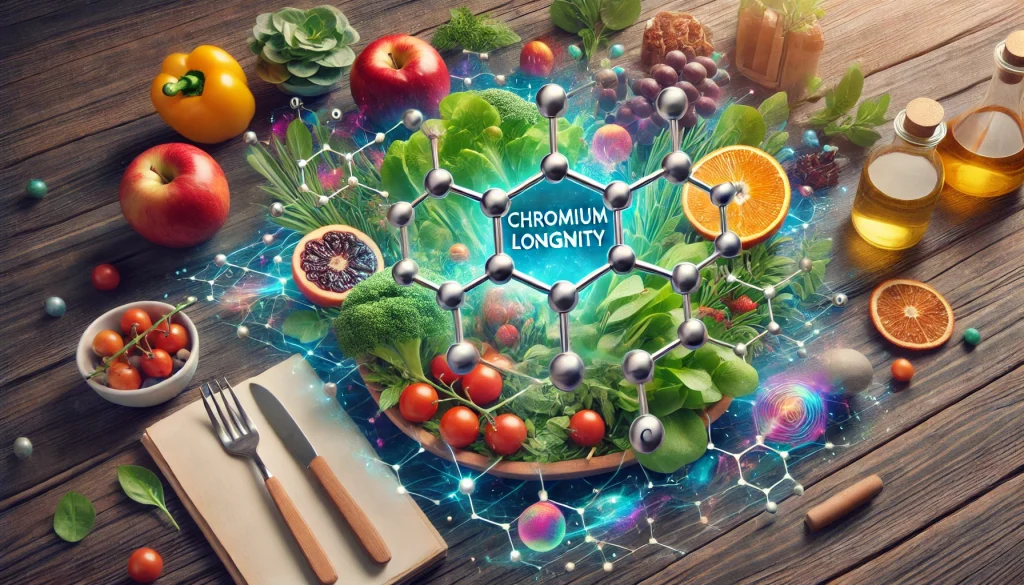 Concepto de cromo promoviendo la salud y la longevidad con alimentos saludables y estructuras moleculares