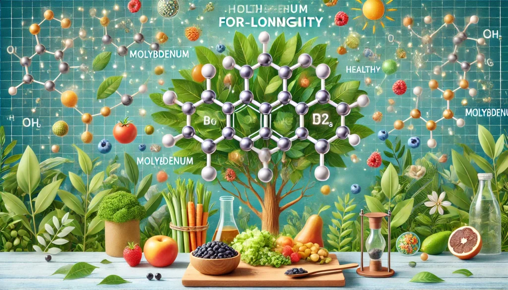 Concepto de molibdeno promoviendo la salud y la longevidad con alimentos saludables y estructuras moleculares.