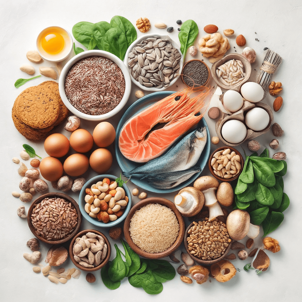 Ilustración destacando los beneficios del Selenio para la salud antiaging, con alimentos ricos en Selenio y símbolos de vitalidad.