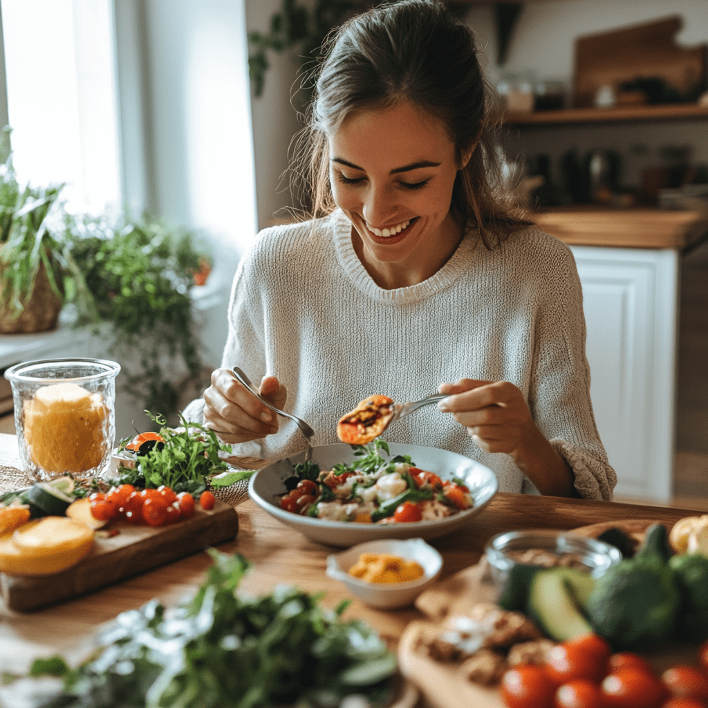 Mujer disfrutando de una comida saludable con verduras frescas, representando una alimentación equilibrada para mejorar la longevidad.