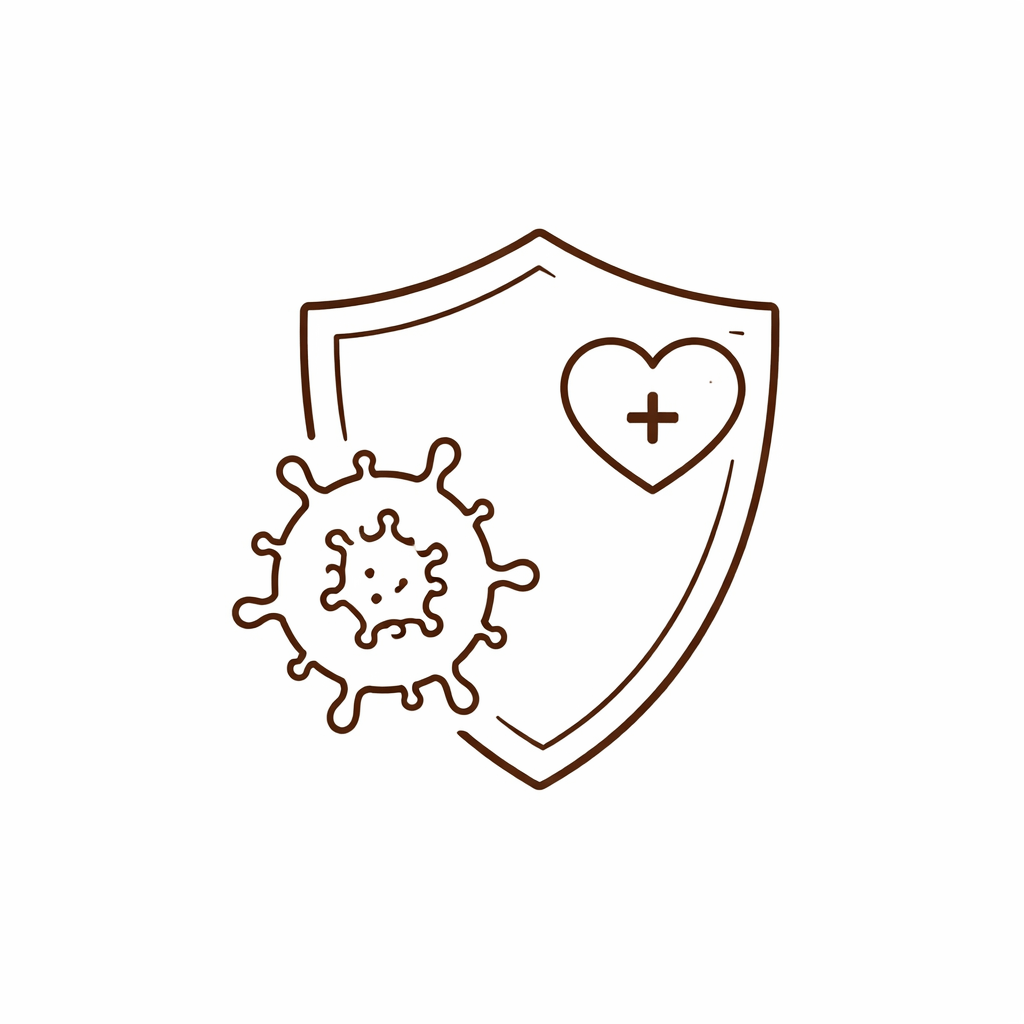 Icono de apoyo en trastornos autoinmunes: escudo protector con célula del sistema inmune y símbolo de salud.